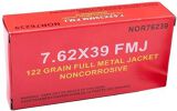 Norinco Rifle Ammunition - 7.62x39, 122Gr, FMJ, Non-Corrosive Commercial Ammo, Copper Washed Steel Case, Bimetal Jacket, 20rds Red Box