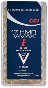 CCI Varmint Rimfire Ammo - V-MAX, 17 HMR, 17Gr, Poly-Tip V-Max, 500rds Brick, 2550fps