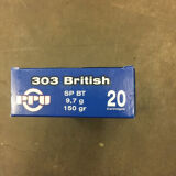 PRVI (PPU) AMMUNITION 303 BRITISH, 150 GRAIN SPBT BOX OF 20, PPA303S1-20